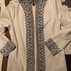 White Embroidered Long Sleeve Coat with Black Trim BBC